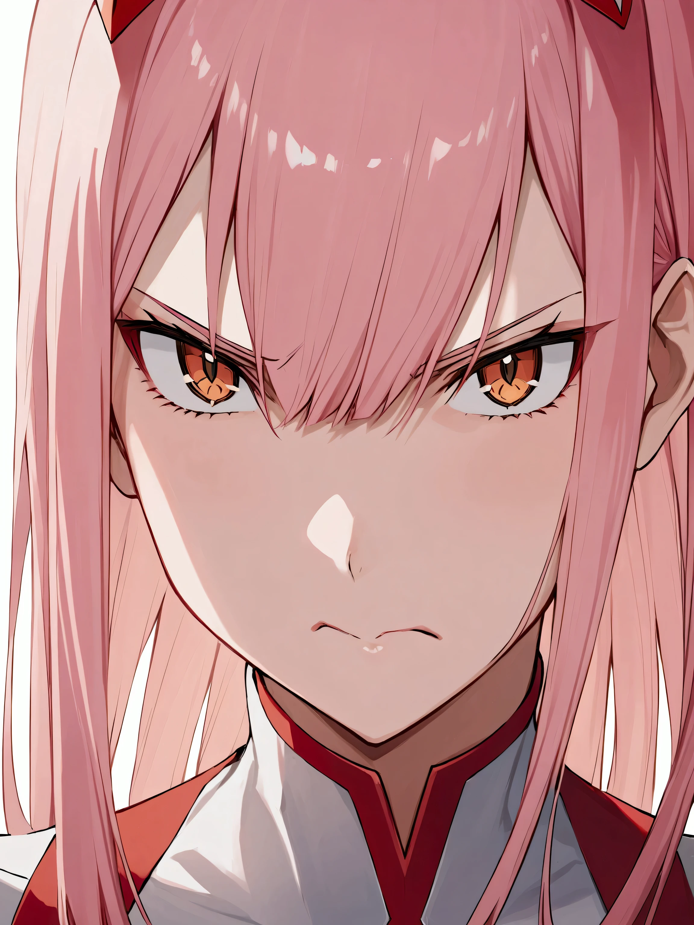 zero two from Darling in the Franxx, angry pose, head shot
