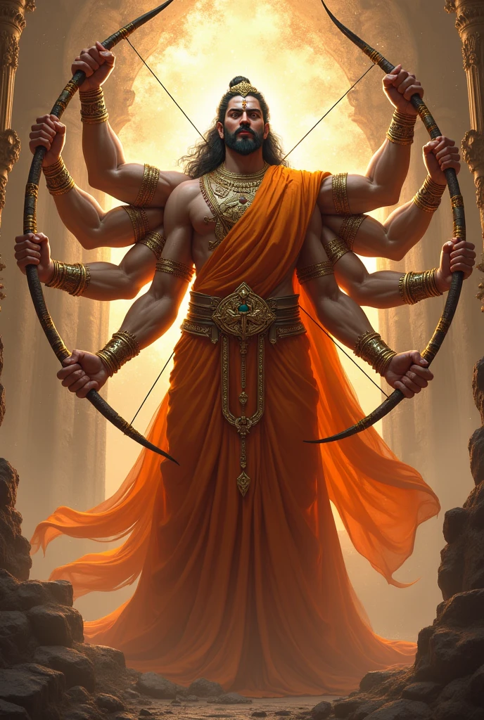 One king with thousand hands and big height with great body ,great personality holding arrows and bows on his hands ,he is one bramhana pandit with orange weared cloths