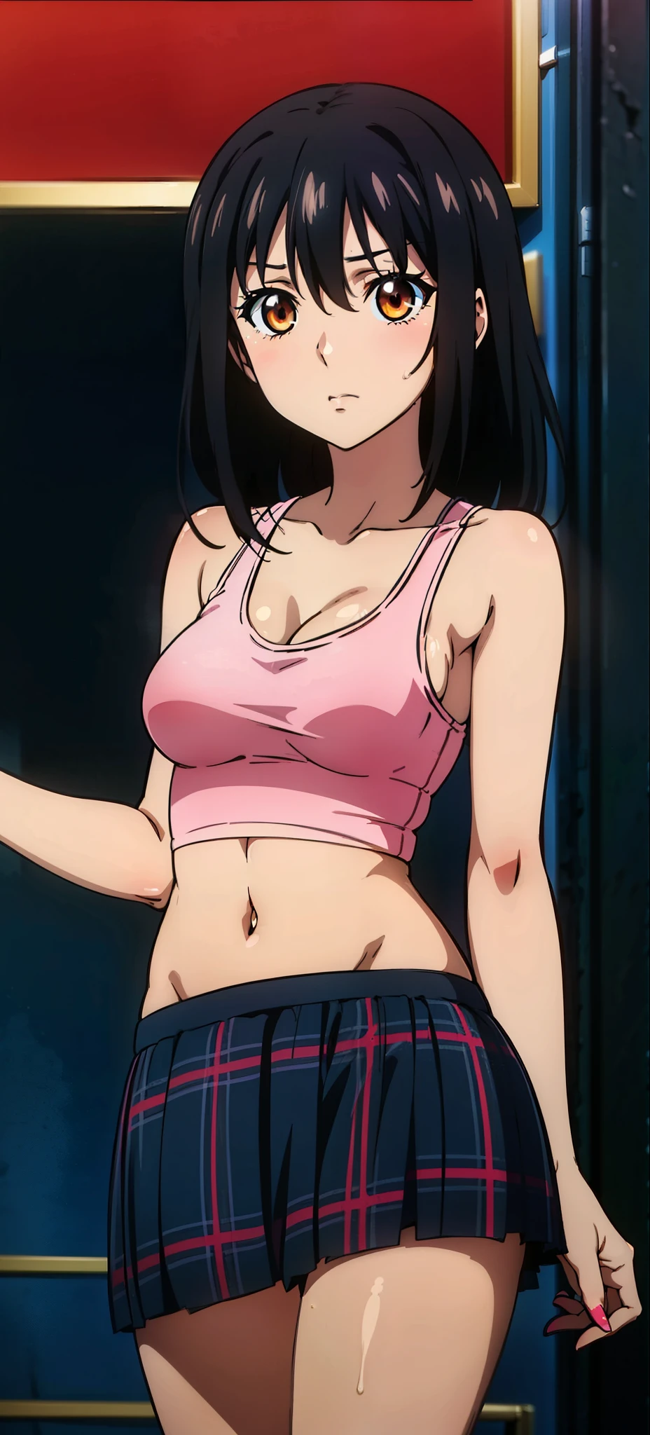 (Yukina, black hair, cowboy shot, 20-year-old, medium breasts, medium hair,healthy skin, masterpiece),  20-year-old,street, cum, cum on breasts, cropped tank top, navel, skirt 