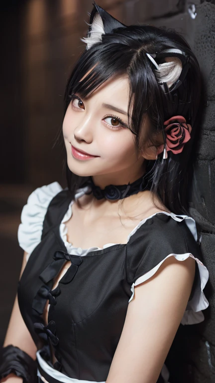 (Emo art:1.6), masterpiece, 4K, Bokeh, high school girl, Beautiful Face,  (Cat ear:1.3), (Black Hair:1.6) , (Japanese Idols:1.6), Blushed, (Black Maid Costume :1.4), Looking at the audience, close, 
 (Black background :1.4), ( A wall of lots of black roses:1.6),Cute smile,Long Straight Hair