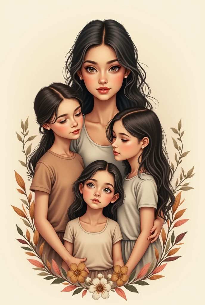 Drawing for a tattoo of a woman with 3 girls and 1 boy  