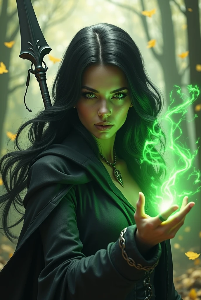 Shadowheart, the half elf from baldur's gate 3, best quality, ultra-detailed CG unity 8k wallpaper, floating, high resolution, dynamic pose, beautiful face, (green eyes:1.2, black hair:1.3, black clothes), depth of field, white forest, golden leaves, magic light), holding a dark grey spear in her right hand, casting dark green magic with her left hand