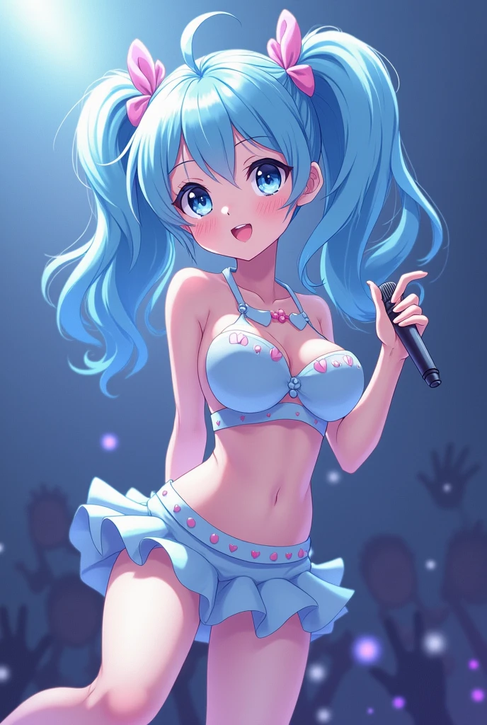 Anime-type idol that looks like an avatar that is pastel blue and cute and that touches one of her breasts that looks more adult in color that is more adult and now do it with a microphone and a short shirt while jumping 