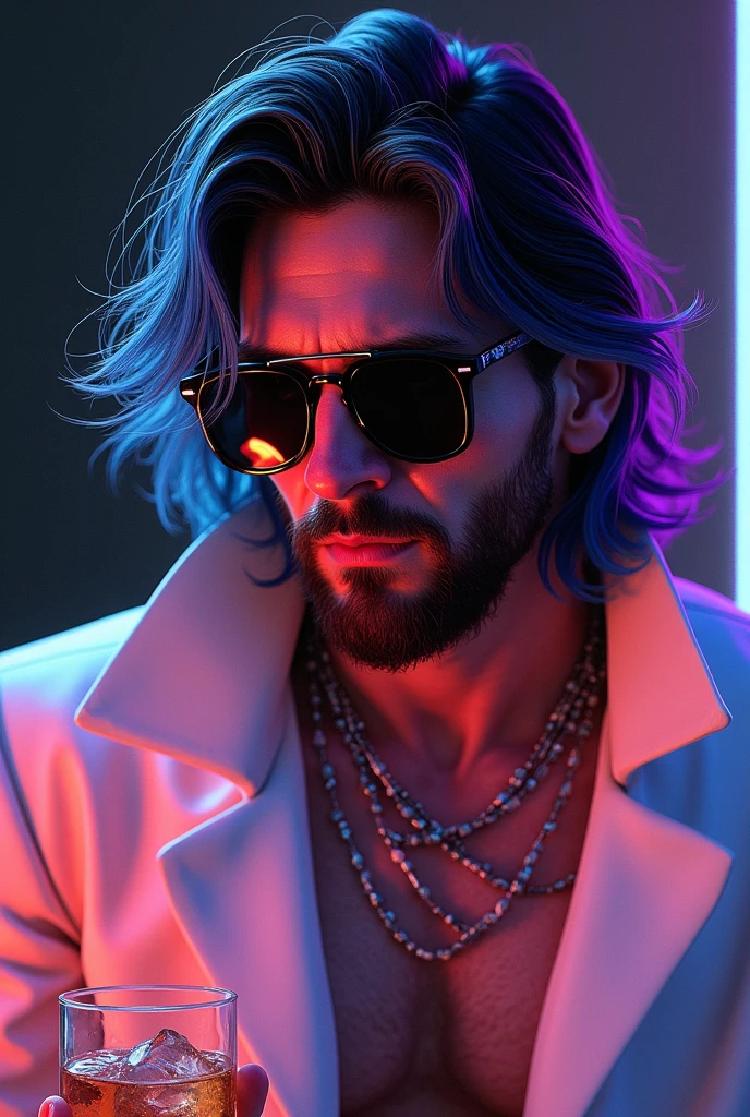 Messi ii wearing sunglass drinking alcohol like a gangster wearing white dress. His hair must be long and colourful 