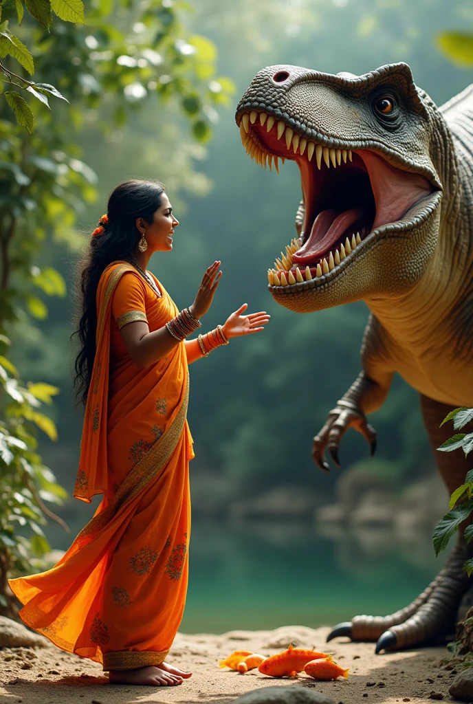 A indian woman  is angry to a dinosaur because of ate a fish which she put out of her house and the dinosaur is trying to escape from the woman with highly detailed 