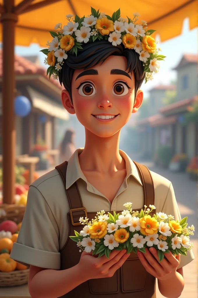 Young bout selling handmade white and yellow flower crowns. One in his head and one in his hands. He is smiling