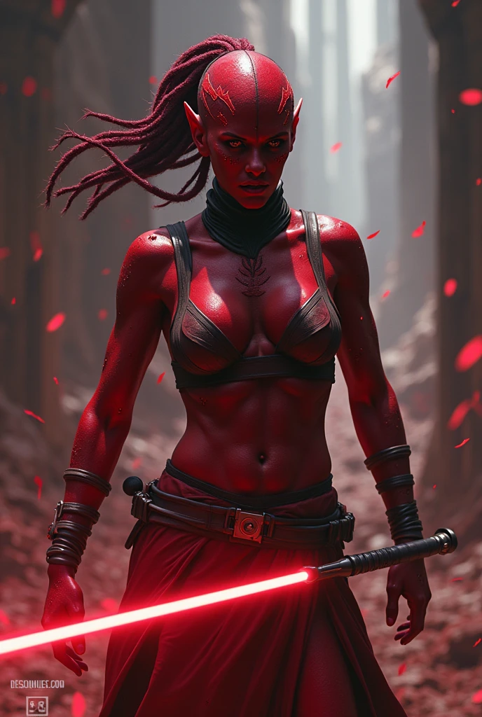 an athletic female twi'lek sith lord, sexy, red skin, in the middle of a fight, bruised, sweaty, darth talon 