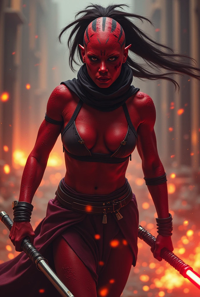 an athletic female twi'lek sith lord, sexy, red skin, in the middle of a fight, bruised, sweaty, darth talon