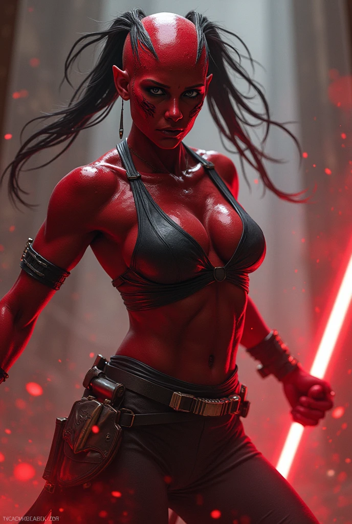 an athletic female twi'lek sith lord, sexy, red skin, in the middle of a fight, bruised, sweaty, darth talon