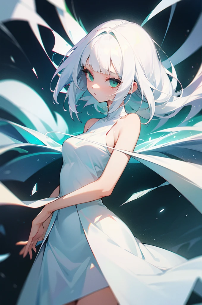 White hair, green eyes, , no waist, cold girl, Magic, White Revealing Dress