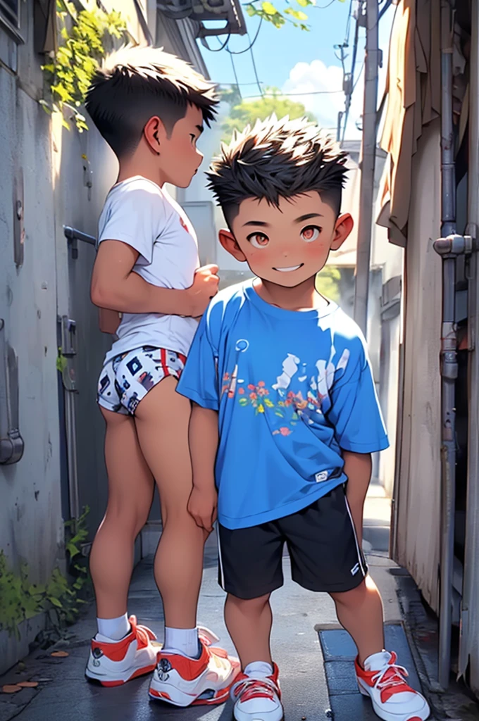 (Shota:1.5),(((Highest quality))),(((masterpiece))),(((Very detailed))),(((High resolution))),One person,Short sleeveTshirt,Short shorts,White socks,Blue sneakers,Cheerful boy,Japanese,Buzz Cut,(((Spiked Hair))),Black Hair,(Point pupils),Skinny body,Baby Face,smile
