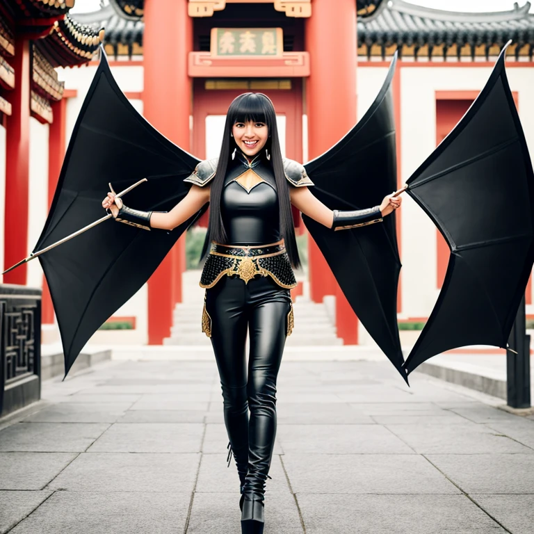 Girl, Black Leather Pants, Chinese Knight Armor, Long Hair with bangs, Chinese Castle, Giant Bat Wings, Asian, Smile, Friendly, Open Mouth, Full Body.