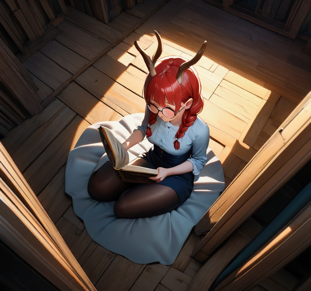 8k,wallpaper of extremely detailed CG unit, ​masterpiece,hight resolution,top-quality,top-quality real texture skin,hyper realisitic,increase the resolution,RAW photos,best qualtiy,highly detailed,the wallpaper,cinematic lighting,ray trace,golden ratio, BREAK ,1girl\(pretty female centaur, wearing soft dress, sitting on pile of soft dead straw, reading a book, round glasses, red hair, long braids, freckles, BREAST\), background\(in calm and peaceful stable, warm light\),from above, dynamic angle