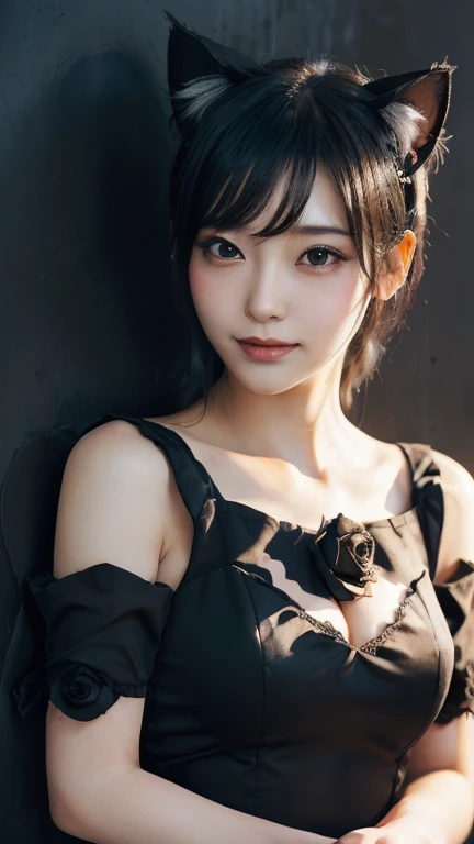 (Emo art:1.6), masterpiece, 4K, Bokeh, high school girl, Beautiful Face, (Cat ear:1.3), (Black Hair:1.6) , (Japanese Idols:1.6), Blushed, (Black Maid Costume :1.4), Looking at the audience, close,
(Black background :1.4), ( A wall of lots of black roses:1.6),Cute smile,Long Straight Hair