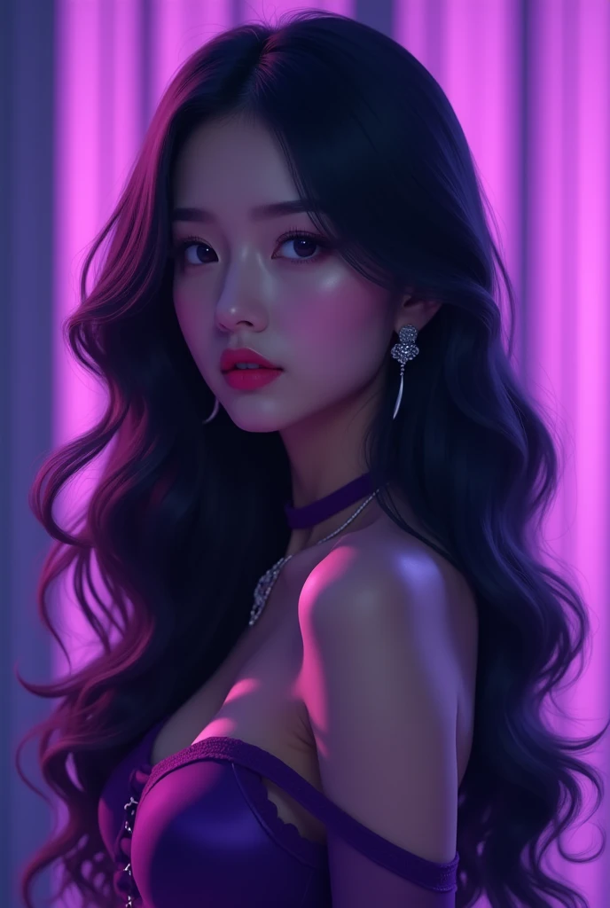 Create an image of a kpop idol with long black hair with violet highlights dressed in purple