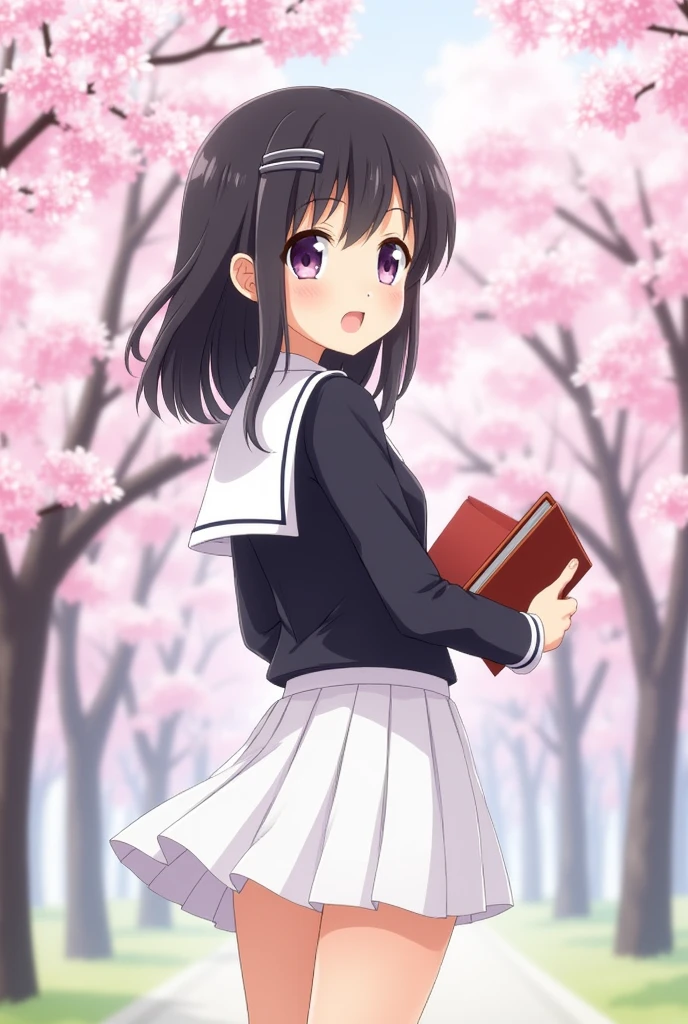 score_9, score_8_up, score_7_up, score_6_up, score_5_up, score_4_up, source_anime, aatomoyo, medium hair, black hair, hair clip, parted bangs, purple eyes, small breasts, serafuku, white sailor collar, white scarf, black shirt, long sleeves, pleated skirt, white skirt, with book in hands, from behind, leaning forward, standing, outdoors, cherry blossoms, smile, from behind, showing butt, looking at viewer