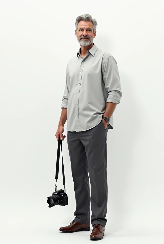 "Generate a full-body image of a 2 man from the side, holding a camera in his right hand. The camera should be hanging from his hand with a visible strap. The man should have a realistic and mature appearance, not like a child, dressed casually, and standing in front of a white wall. His posture should be natural, and his silhouette should clearly stand out against the white background."