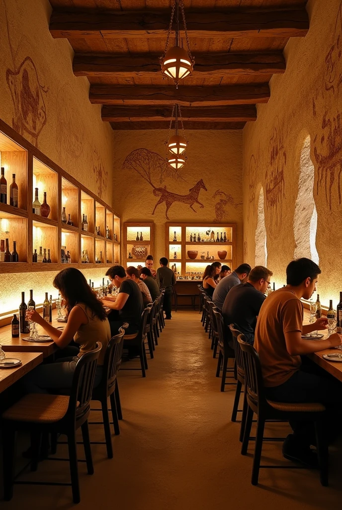 Create a cafeteria decorated with cave paintings, niches containing ancient pots, wooden frames containing stone arrowheads and Inca bows.
In addition to bottles of wine.