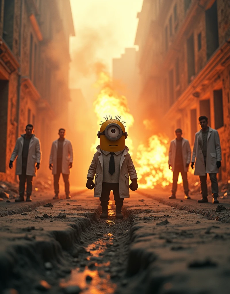 A ruined laboratory with scientists looking on, with smoke and small fires rising from the debris. Minion scientist Kevin steps out of the burning fire, with a determined face and dust on his body, safe from the center of the explosion. The ground around Kevin cracked., but he still stood firm.
