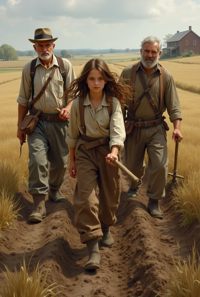girl with brown hair plows the land with her parents