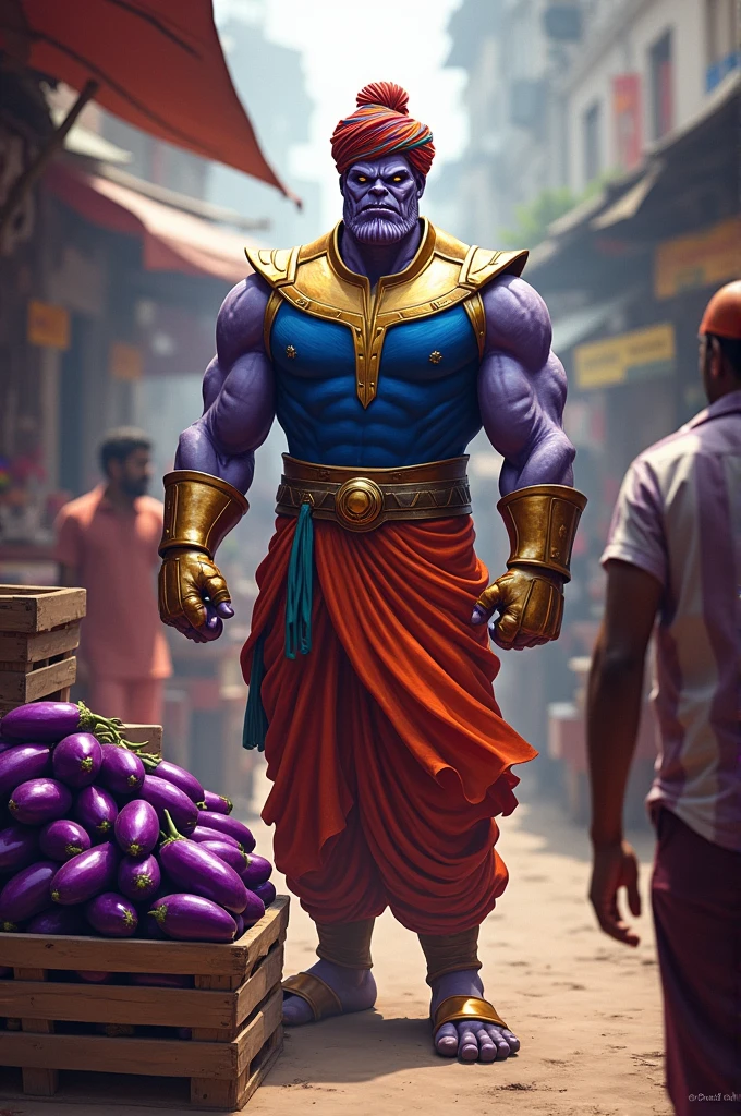 Picture Thanos, the mighty Titan, selling eggplants in a lively Indian market. He's dressed in vibrant traditional Indian attire-kurta, dhoti, and a turban. His imposing figure stands behind a stall brimming with fresh eggplants, surrounded by the rich scents and sounds of the bustling market. Describe the scene, focusing on the contrast between Thanos' presence and his new role. How do locals react, and what humorous or surprising interactions occur?