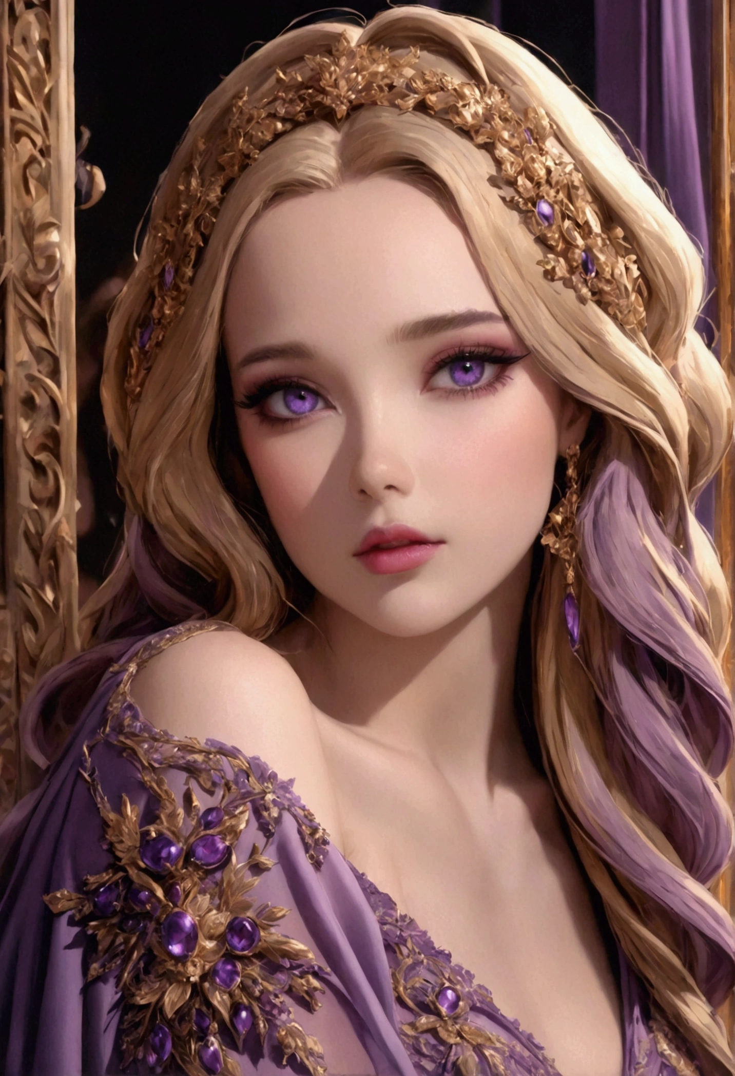 She had stunning long gold locks that cascaded down her shoulders, and her eyes were a mesmerizing shade of light purple. Her skin was flawless, and she was wearing a gorgeous purple dress that perfectly complemented her eye color. She truly looked absolutely stunning.