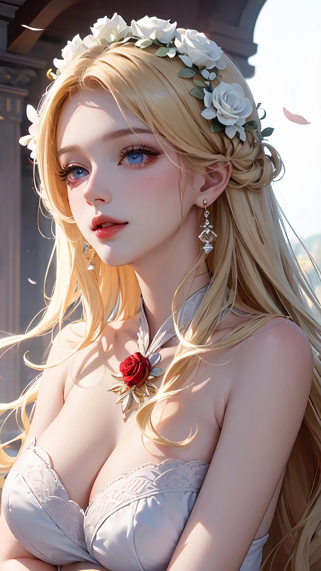 (Highest quality,Very detailed,High resolution,masterpiece,8k),Bright and vibrant colors,Official artwork,Greek white dress,Stylish makeup,Mid length, Shiny blonde hair blowing in the wind,Beautiful long, narrow eyes,Beautiful Blue Eyes,Glossy Lips,Beautiful woman with plump breasts,Beautiful neckline, Beautiful full body style,Holding,A beautiful and elegant smile,Old temple,Rose flower,Detailed CG,