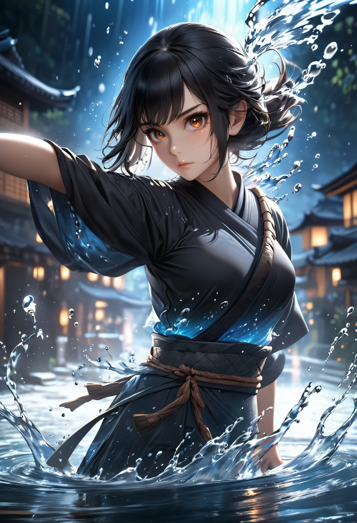 a girl in a ninja outfit, no mask, with black hair and brown eyes, manipulating water with glowing eyes, photorealistic, highly detailed, 8k, masterpiece, digital art, fantasy, cinematic lighting, dramatic composition