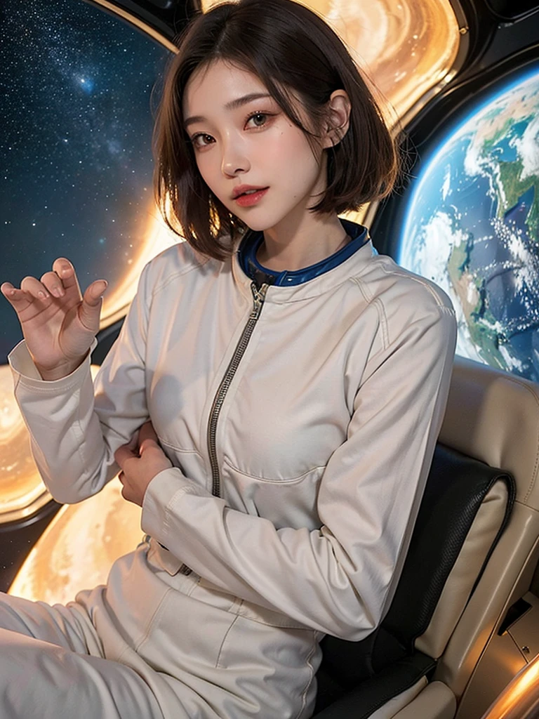 top-quality、​masterpiece、超A high resolution、(realisitic:1.4)、Beautuful Women１、Beautiful detail eyes and skin、ssmile、Light brown short-cut hair、The perfect spacesuit、spaceships、Inside the spacecraft、macrocosm、