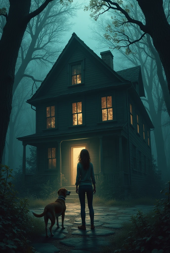 An abandoned house in the middle of the forest, A female journalist and a beagle in front of an open door with a paperclip in the lock (of those used to hold leaves) and the interior of the house revealing itself in the darkness. 