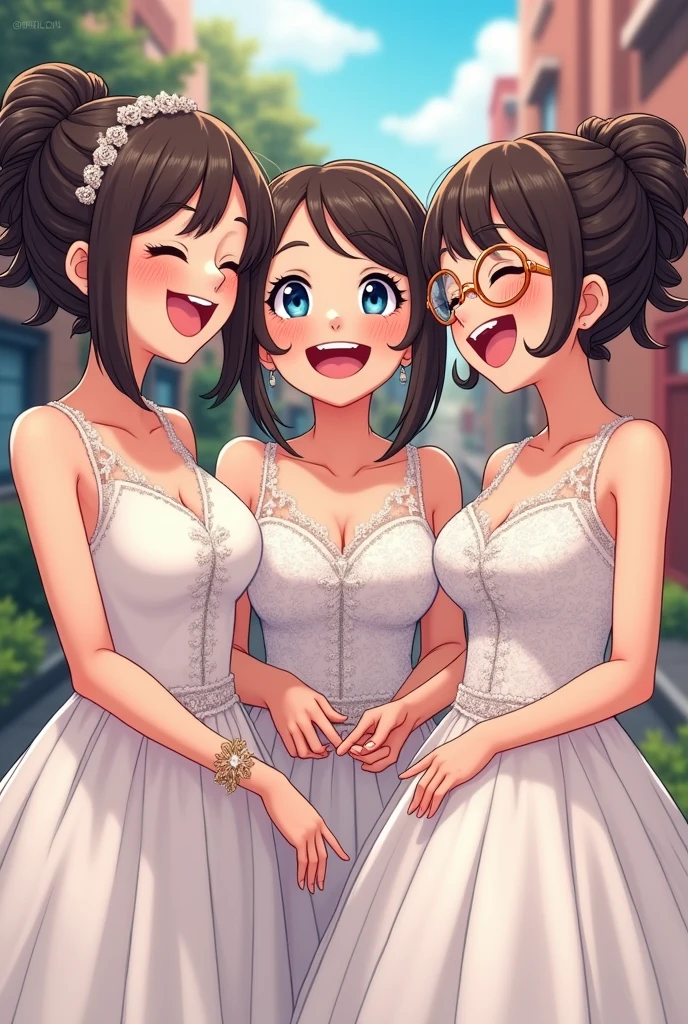 Manga or anime style, a 3 woman, wedding dress, bun with braid, dark brown hair, blue eyes, full lips, she laughs,nose piercing, rounded copper colored glasses, visagz round
