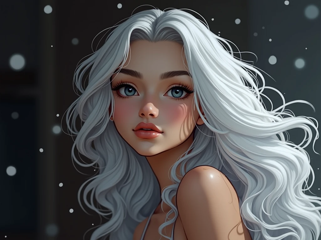 bright diffuse lighting on hair, bokeh background, white colored brows and eye lashes, firm and milky lips, silky iridescent hair, softer younger facial features, less ridges, teen girl,