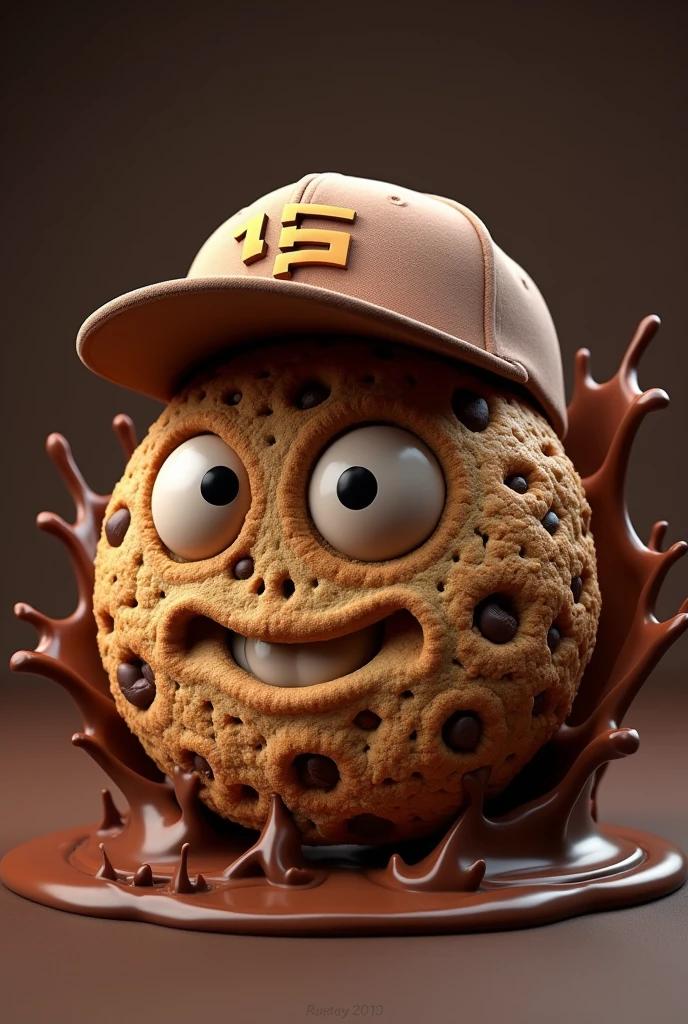 Badass mascot for a cookie franchise, with the cookie wearing a cap and the cookie surrounded by chocolate
