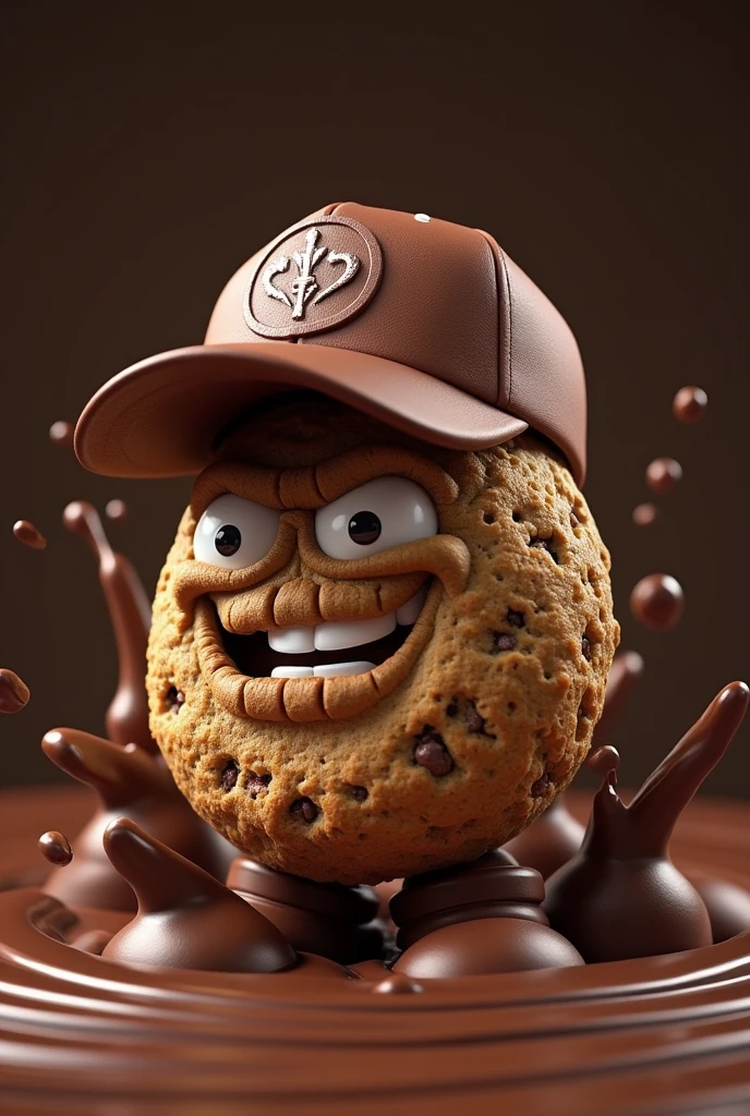 Badass mascot for a cookie franchise, with the cookie wearing a cap and the cookie surrounded by chocolate