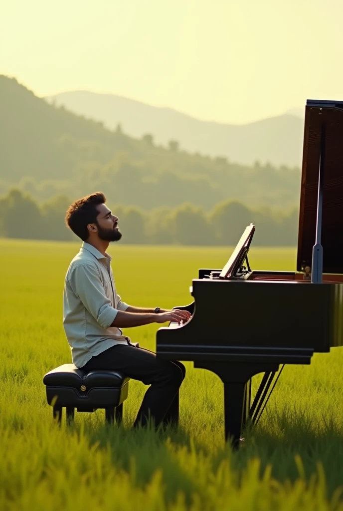 ഒരു മലയാളി യുവാവ് പിയാന വായിച്ചുകൊണ്ട് പാട്ട് പാടുന്നു ഒരു പാടത്ത്