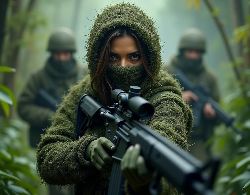Aishwarya Rai as Russian soldier, wearing wearing full ghillie suit, wearing full face scarf, wearing gloves, in jungle area, using silenced rifle, far view, firing pose, two male soldiers following,