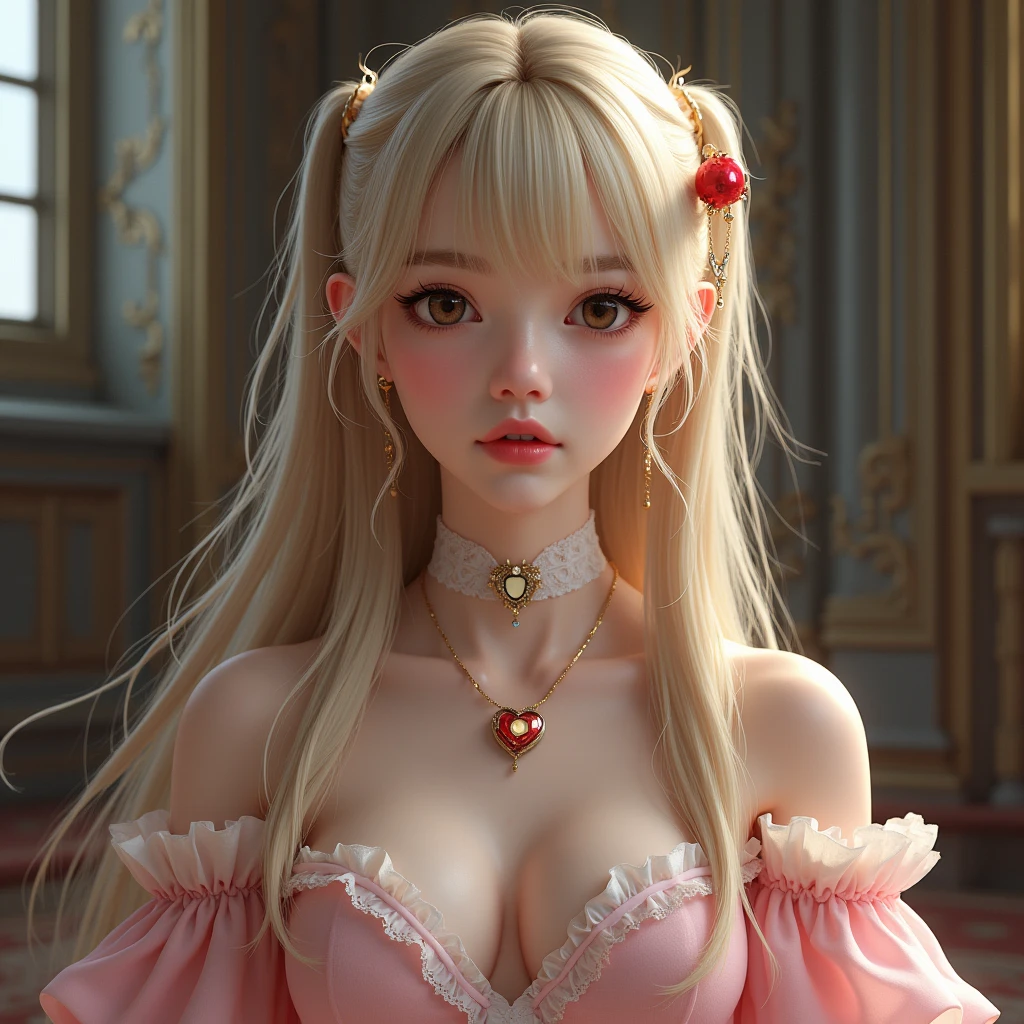 masterpiece、high resolution、8k、Delicate depiction、(((Realistic)))、Realistic、photograph、Lady、young、2、White、Blonde Hair、long hair、Twin tails、bangs、(((bangsの隙間の額に第三の目が少し見える)))、Brown eyes、Pink lipstick、Pink open chest dress、White fabric on the chest、A fluttering red ornament on the collar、Bust Shot、Inside the castle