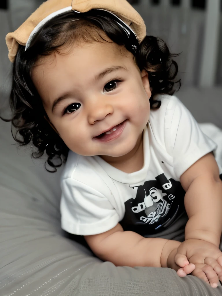 Cute biracial 6-month-old baby boy. Lying in crib. Baby smiling. Cute, 3C curly dark hair and dark brown eyes. Light tan skin. Face resembles Avril Lavigne and Sean Kingston. Casual instagram photo. Dark clothes.