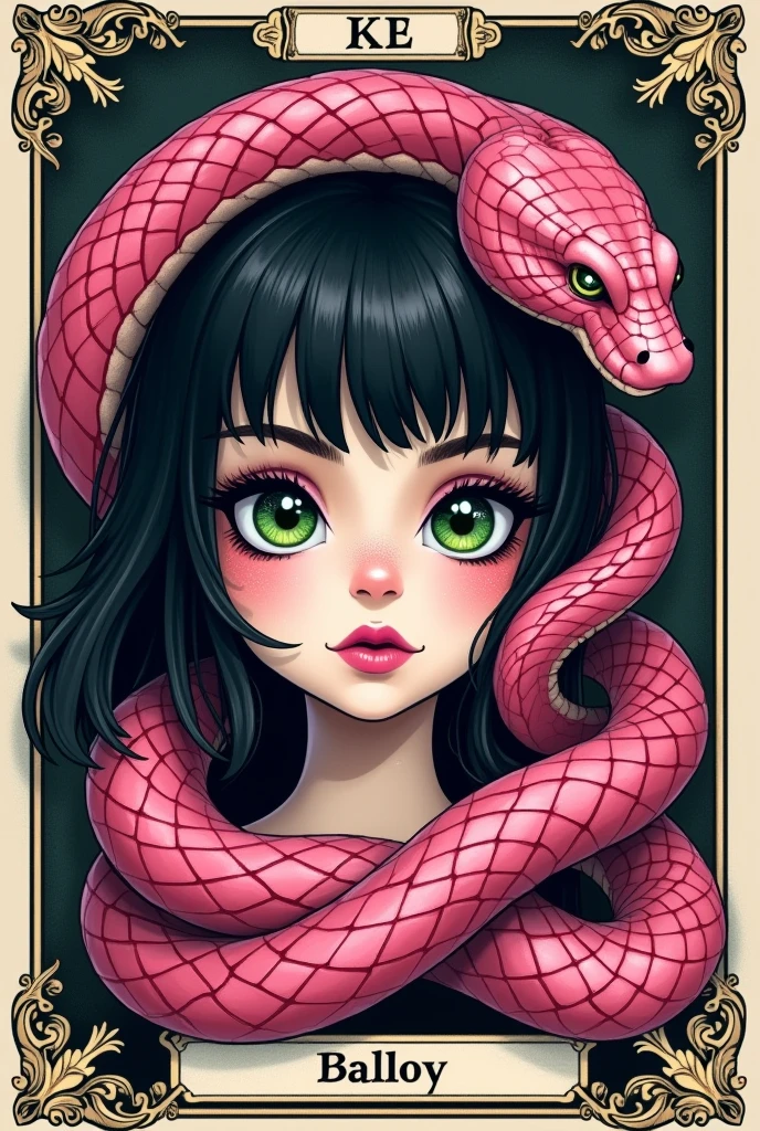 Logo for a business that has the word profugotattoo with the face of a doll with black hair and green eyes surrounded by a complete pink snake on a tarot card