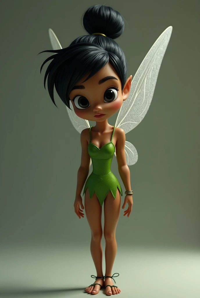 pixar image, Tinkerbell just like the Disney original, but with black hair, eyes black, brown colored skin, original green clothes , hair tied up like real hair, cloused mouth, image showing Tinkerbell's entire body from head to toe, looking forward, withe wings