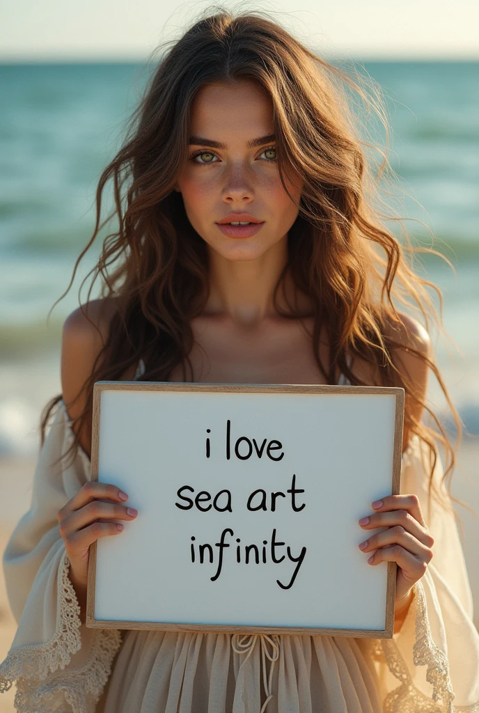 Beautiful girl with wavy long hair, bohemian dress, holding a white board with text "I Love Seaart Infinity" and showing it to the viewer