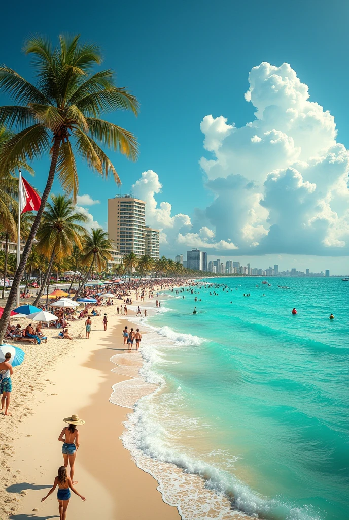Take a picture showing the Caribbean beaches of Cuba plus what stands out the most in the country and the flag in the background. It is better if it is a beach next to a city or Havana. The photo should be horizontal and show a lot of Cuba.