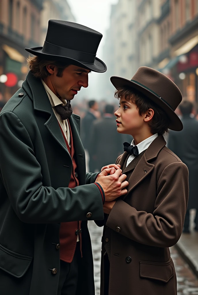 15. **Viñeta 3:**
*scene:* Dodger showing Oliver how to steal.
*Text:* "Dodger tries to teach Oliver the tricks of thievery, but the child feels that something is wrong."