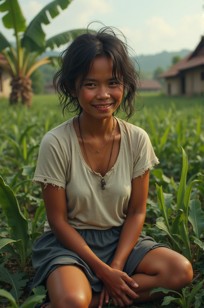 an Indonesian woman,tangled hair,slightly fat body,torn clothes,short t-shirt and skirt,sitting in a banana plantation on the edge of the village,An expression of exhaustion,satisfied smile