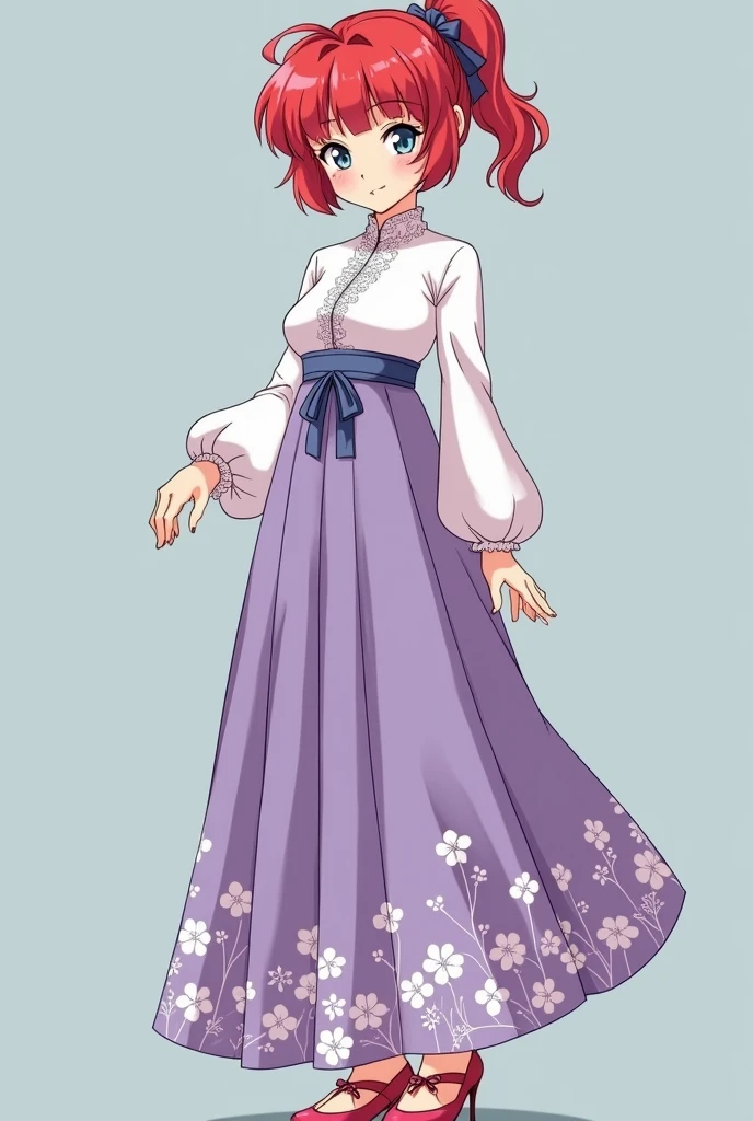 Create Female Ranma, make a girl,Clear contours, Colorful full body photos, (Beautiful and delicate eyes), (pretty face:1.3), childish face, (red short hair)single ponytail, bumpy bangs, blue gray eyes, big eyes，Plump breasts，(Clothes Chinese Hanfu)(Horse-faced long skirt)Top: fitted white shirt(fine lace),Bottom light purple chiffon wide-legged high-waisted loose and elegant nine-point pleated long skirt(Practical:1.2),(Floral Print),   (The actual upper and lower body clothes are:3.7 scale)，Face the camera head-on，One foot is slightly bent against the calf of the other leg。