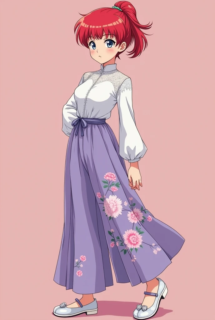 Create Female Ranma, make a girl,Clear contours, Colorful full body photos, (Beautiful and delicate eyes), (pretty face:1.3), childish face, (red short hair)single ponytail, bumpy bangs, blue gray eyes, big eyes,Plump breasts,(Clothes Chinese Hanfu)(Horse-faced long skirt)Top: fitted white shirt(fine lace),Bottom light purple chiffon wide-legged high-waisted loose and elegant nine-point pleated long skirt(Practical:1.2),(Floral Print), (The actual upper and lower body clothes are:3.7 scale),Face the camera head-on,One foot is slightly bent against the calf of the other leg。