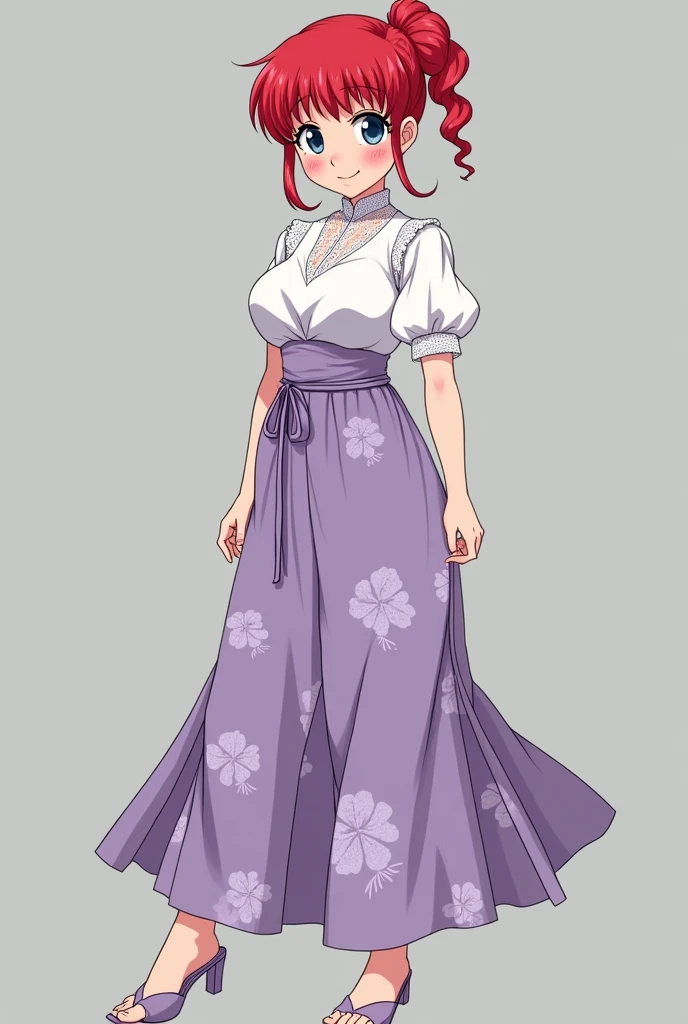 Create Female Ranma, make a girl,Clear contours, Colorful full body photos, (Beautiful and delicate eyes), (pretty face:1.3), childish face, (red short hair)single ponytail, bumpy bangs, blue gray eyes, big eyes,Plump breasts,(Clothes Chinese Hanfu)(Horse-faced long skirt)Top: fitted white shirt(fine lace),Bottom light purple chiffon wide-legged high-waisted loose and elegant nine-point pleated long skirt(Practical:1.2),(Floral Print), (The actual upper and lower body clothes are:3.7 scale),Face the camera head-on,One foot is slightly bent against the calf of the other leg。