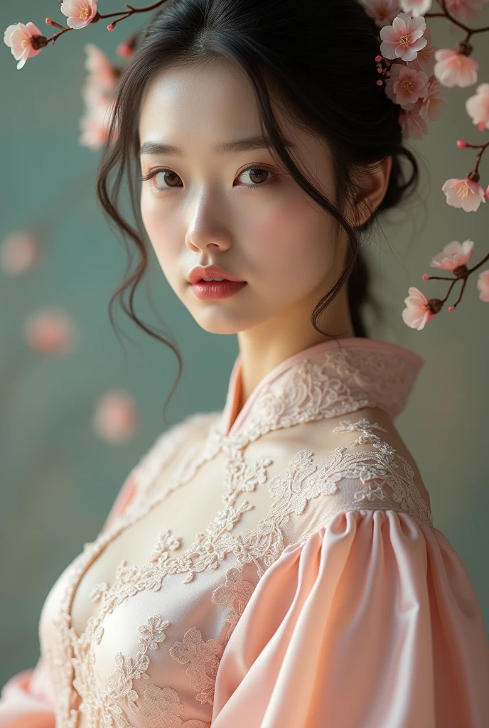 face and thigh), 
1girl, (picture of a person wearing a modern hanfu),
"with a fusion of traditional Chinese elements and contemporary fashion", (Hanfu costume),
(Hanfu dress),
in pastel colors, 
made of silk and lace, large breasts,  mole, blurry background