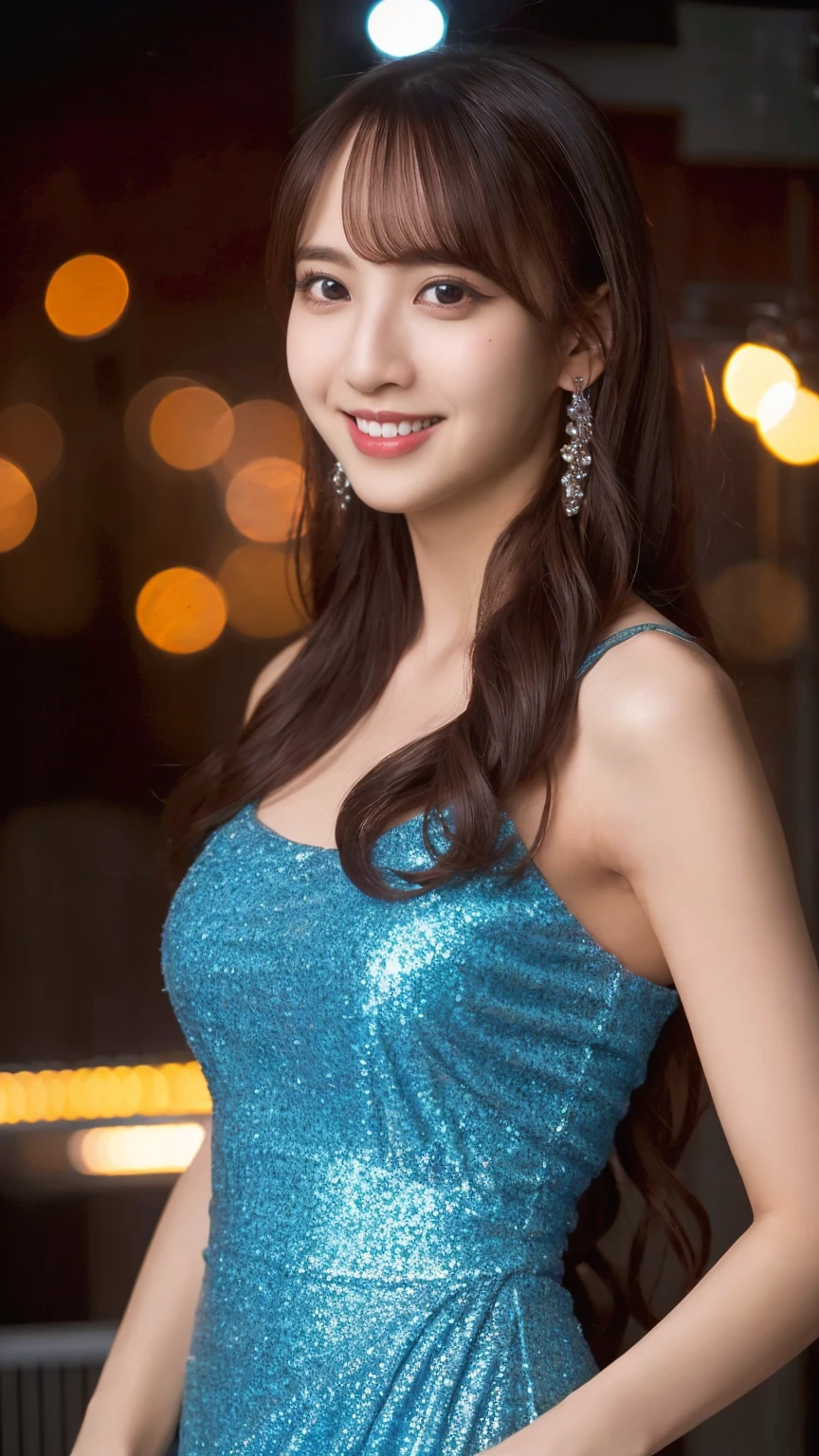 1girl,(wearing a blue glittery evening dress:1.2),(RAW photo, best quality), (realistic, photo-realistic:1.4), masterpiece, an extremely delicate and beautiful, extremely detailed, 2k wallpaper, Amazing, finely detail, extremely detailed CG unity 8k wallpaper, ultra-detailed, highres, soft light, beautiful detailed girl, extremely detailed eyes and face, beautiful detailed nose, beautiful detailed eyes,cinematic lighting,city lights at night,perfect anatomy,slender body,light smile,close up,(long hair with bangs)