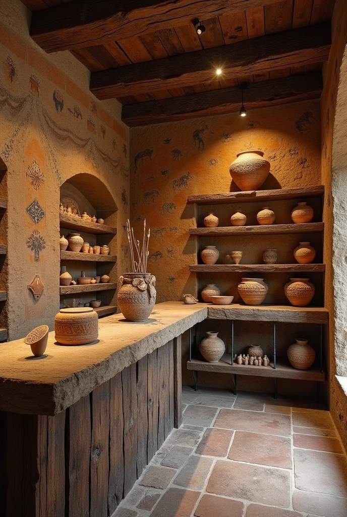 Create a bar decorated with cave paintings, niches containing ancient pots, wooden frames containing stone arrowheads and Inca bows.
